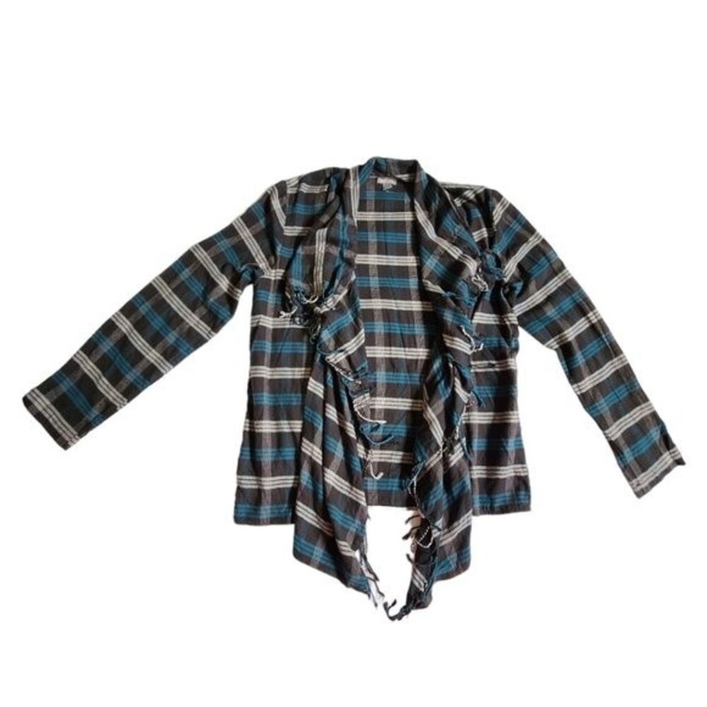 Falls Creek Blue Black Gray Plaid Fringe Draped Open Front Cardigan Size L/XL